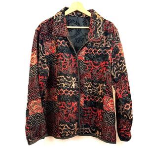 Women's Handmade Reversible Artsy Jacket, Black Red Gold Button Front Size Large